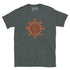 A dark heather Xigfireon graphic t-shirt featuring the Fire Colour iteration of the Morning Star Fire Celtic knot design. The Morning Star Fire Celtic knot symbolizes the Sun.