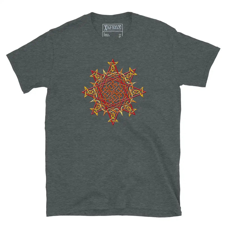 A dark heather Xigfireon graphic t-shirt featuring the Fire Colour iteration of the Morning Star Fire Celtic knot design. The Morning Star Fire Celtic knot symbolizes the Sun.