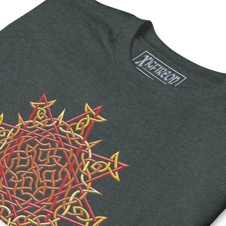 A close-up view of a dark heather Xigfireon graphic t-shirt featuring the Fire Colour iteration of the Morning Star Fire Celtic knot design. The Morning Star Fire Celtic knot symbolizes the Sun.