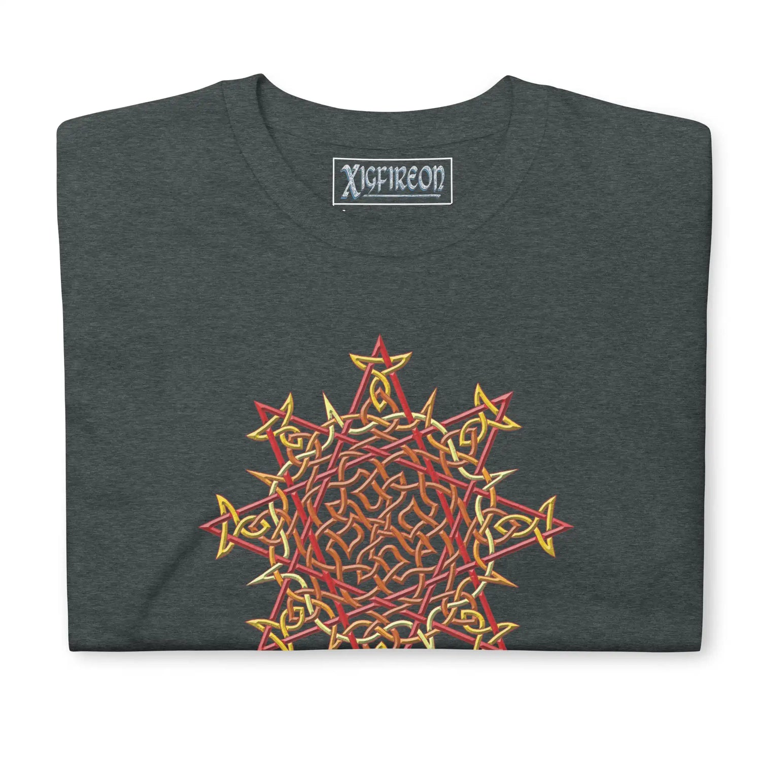 A folded dark heather Xigfireon graphic t-shirt featuring the Fire Colour iteration of the Morning Star Fire Celtic knot design. The Morning Star Fire Celtic knot symbolizes the Sun.