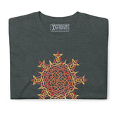 A folded dark heather Xigfireon graphic t-shirt featuring the Fire Colour iteration of the Morning Star Fire Celtic knot design. The Morning Star Fire Celtic knot symbolizes the Sun.