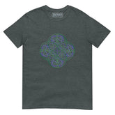 A dark heather Xigfireon graphic t-shirt featuring the Living Colour iteration of the Reach Of The Spirit Celtic knot design. The Reach Of The Spirit Celtic knot symbolizes the Earth.