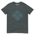 A dark heather Xigfireon graphic t-shirt featuring the Living Colour iteration of the Reach Of The Spirit Celtic knot design. The Reach Of The Spirit Celtic knot symbolizes the Earth.