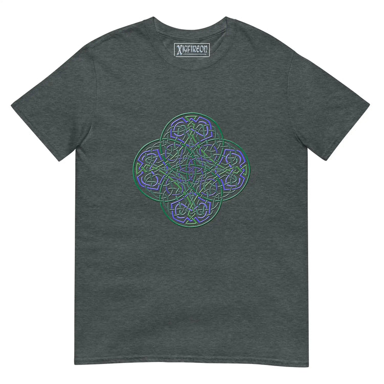 A dark heather Xigfireon graphic t-shirt featuring the Living Colour iteration of the Reach Of The Spirit Celtic knot design. The Reach Of The Spirit Celtic knot symbolizes the Earth.