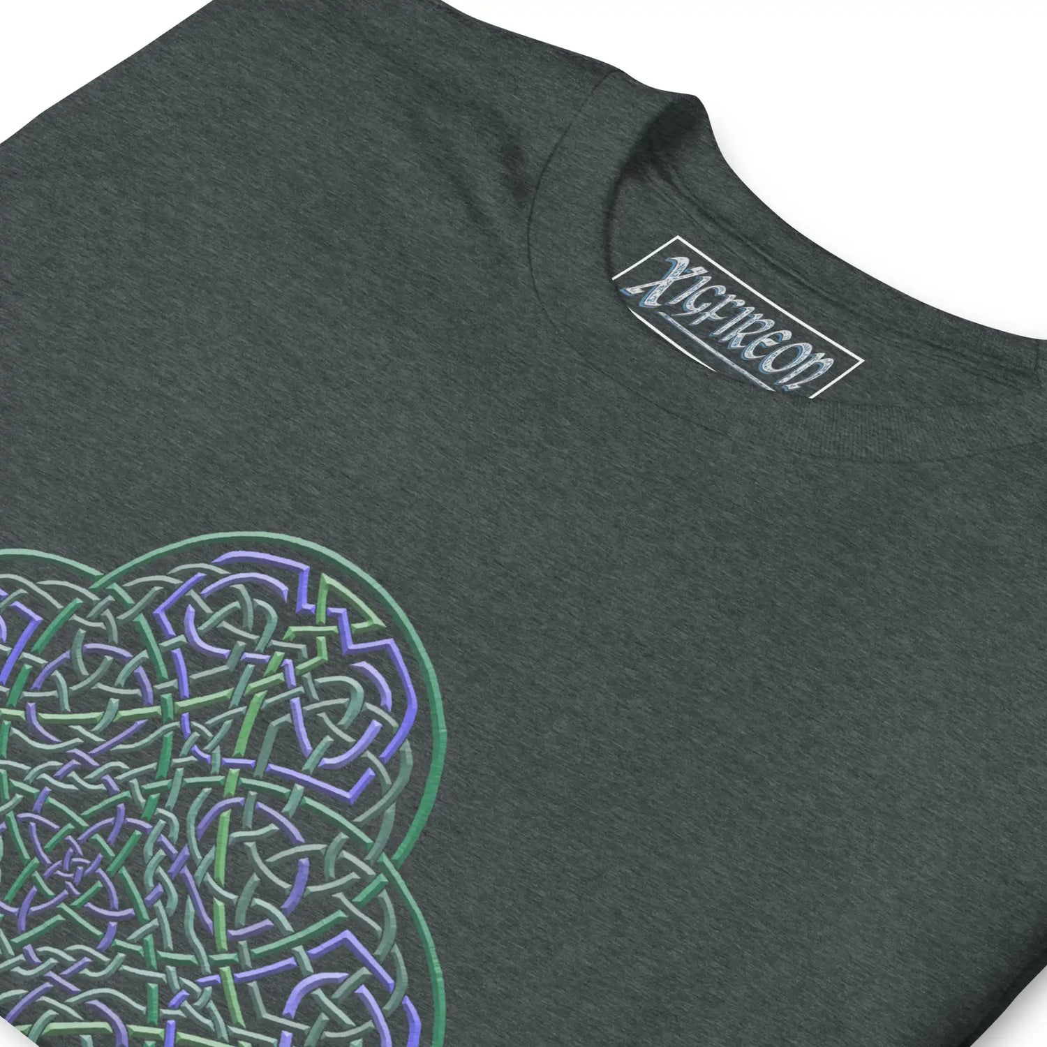 A close-up view of a dark heather Xigfireon graphic t-shirt featuring the Living Colour iteration of the Reach Of The Spirit Celtic knot design. The Reach Of The Spirit Celtic knot symbolizes the Earth.