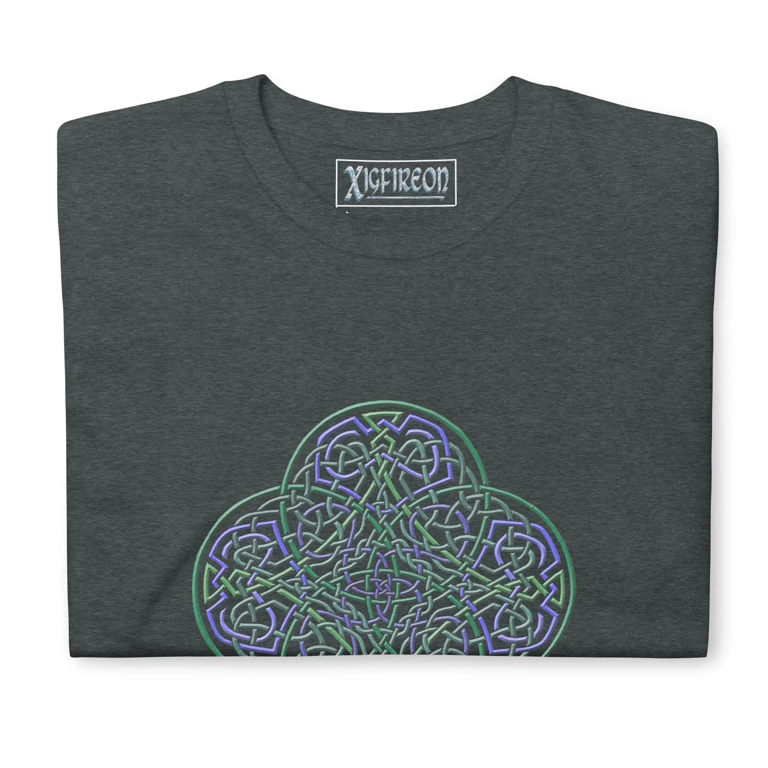 A folded dark heather Xigfireon graphic t-shirt featuring the Living Colour iteration of the Reach Of The Spirit Celtic knot design. The Reach Of The Spirit Celtic knot symbolizes the Earth.