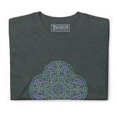 A folded dark heather Xigfireon graphic t-shirt featuring the Living Colour iteration of the Reach Of The Spirit Celtic knot design. The Reach Of The Spirit Celtic knot symbolizes the Earth.