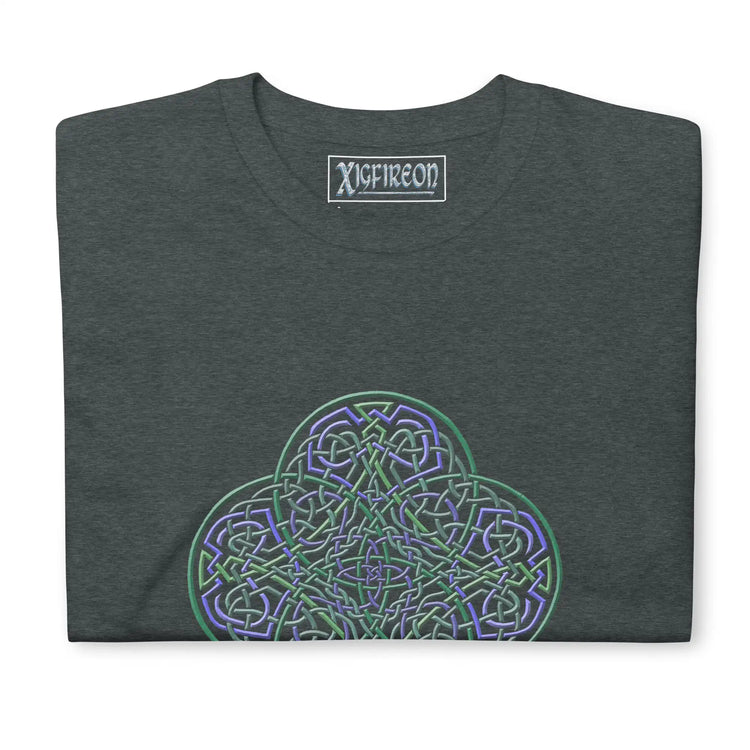 A folded dark heather Xigfireon graphic t-shirt featuring the Living Colour iteration of the Reach Of The Spirit Celtic knot design. The Reach Of The Spirit Celtic knot symbolizes the Earth.