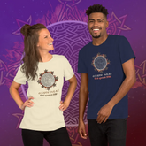 Two models wearing matching graphic t-shirts featuring a Celtic knot eclipse design by Xigfireon. The model on the left is wearing a natural cream-colored t-shirt, and the model on the right is wearing a navy blue t-shirt.