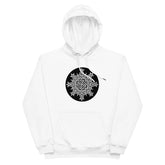 A white Xigfireon graphic eco hoodie featuring the Black & White Circle iteration of the Morning Star Fire Celtic knot design. The Morning Star Fire Celtic knot symbolizes the Sun.
