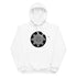 A white Xigfireon graphic eco hoodie featuring the Black & White Circle iteration of the Morning Star Fire Celtic knot design. The Morning Star Fire Celtic knot symbolizes the Sun.