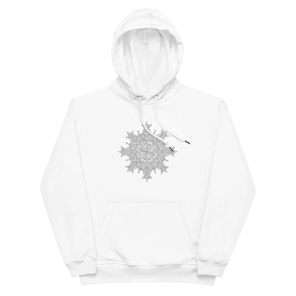 A white Xigfireon graphic eco hoodie featuring the Black &amp; White Hollow iteration of the Morning Star Fire Celtic knot design. The Morning Star Fire Celtic knot is a Sun symbol.