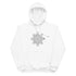 A white Xigfireon graphic eco hoodie featuring the Black & White Hollow iteration of the Morning Star Fire Celtic knot design. The Morning Star Fire Celtic knot is a Sun symbol.