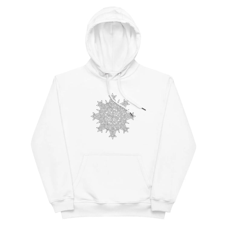 A white Xigfireon graphic eco hoodie featuring the Black & White Hollow iteration of the Morning Star Fire Celtic knot design. The Morning Star Fire Celtic knot is a Sun symbol.