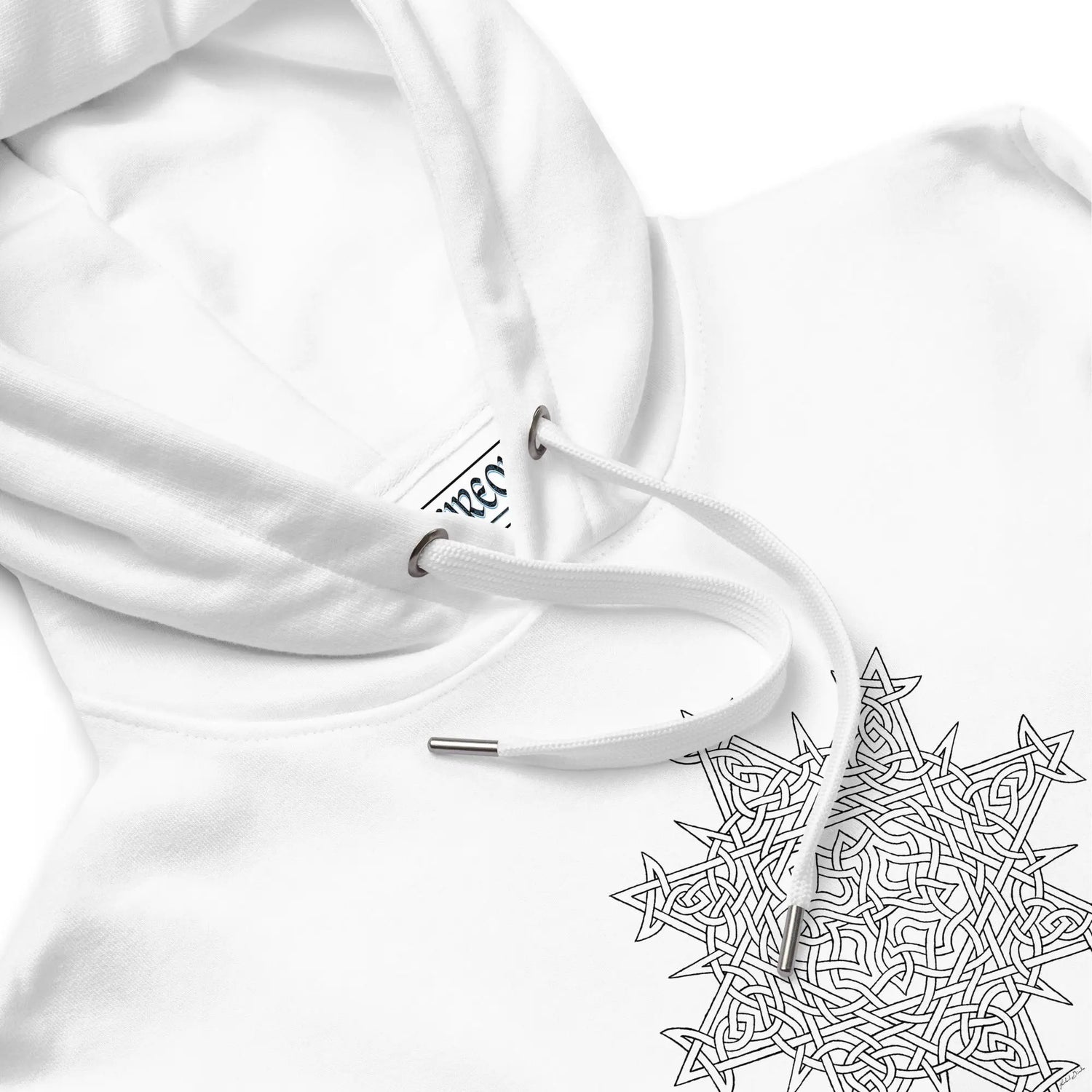 A close-up of a white Xigfireon graphic eco hoodie featuring the Black & White Hollow iteration of the Morning Star Fire Celtic knot design. The Morning Star Fire Celtic knot is a Sun symbol.