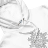 A close-up of a white Xigfireon graphic eco hoodie featuring the Black & White Hollow iteration of the Morning Star Fire Celtic knot design. The Morning Star Fire Celtic knot is a Sun symbol.