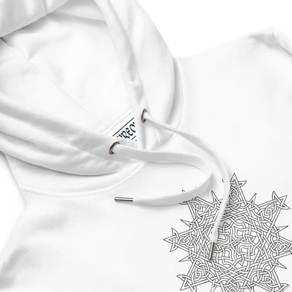 A close-up of a white Xigfireon graphic eco hoodie featuring the Black &amp; White Hollow iteration of the Morning Star Fire Celtic knot design. The Morning Star Fire Celtic knot is a Sun symbol.