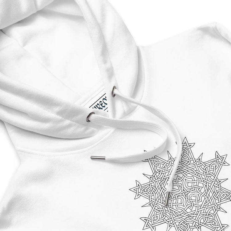 A close-up of a white Xigfireon graphic eco hoodie featuring the Black & White Hollow iteration of the Morning Star Fire Celtic knot design. The Morning Star Fire Celtic knot is a Sun symbol.