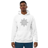 A young man wearing a white Xigfireon graphic eco hoodie featuring the Black & White Hollow iteration of the Morning Star Fire Celtic knot design. The Morning Star Fire Celtic knot is a Sun symbol.