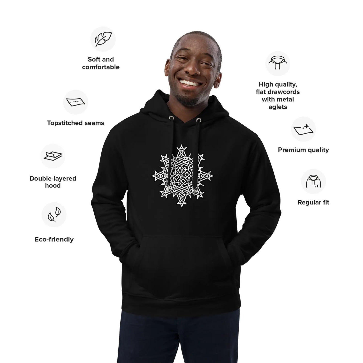 A list of product features surrounding a young man wearing a black Xigfireon graphic eco hoodie featuring the Black & White Solid iteration of the Morning Star Fire Celtic knot design. The Morning Star Fire Celtic knot represents Father Sun. Product features include soft and comfortable, topstitched seams, double-layered hood, eco-friendly, high quality flat drawcords with metal aglets, premium quality, and regular fit.