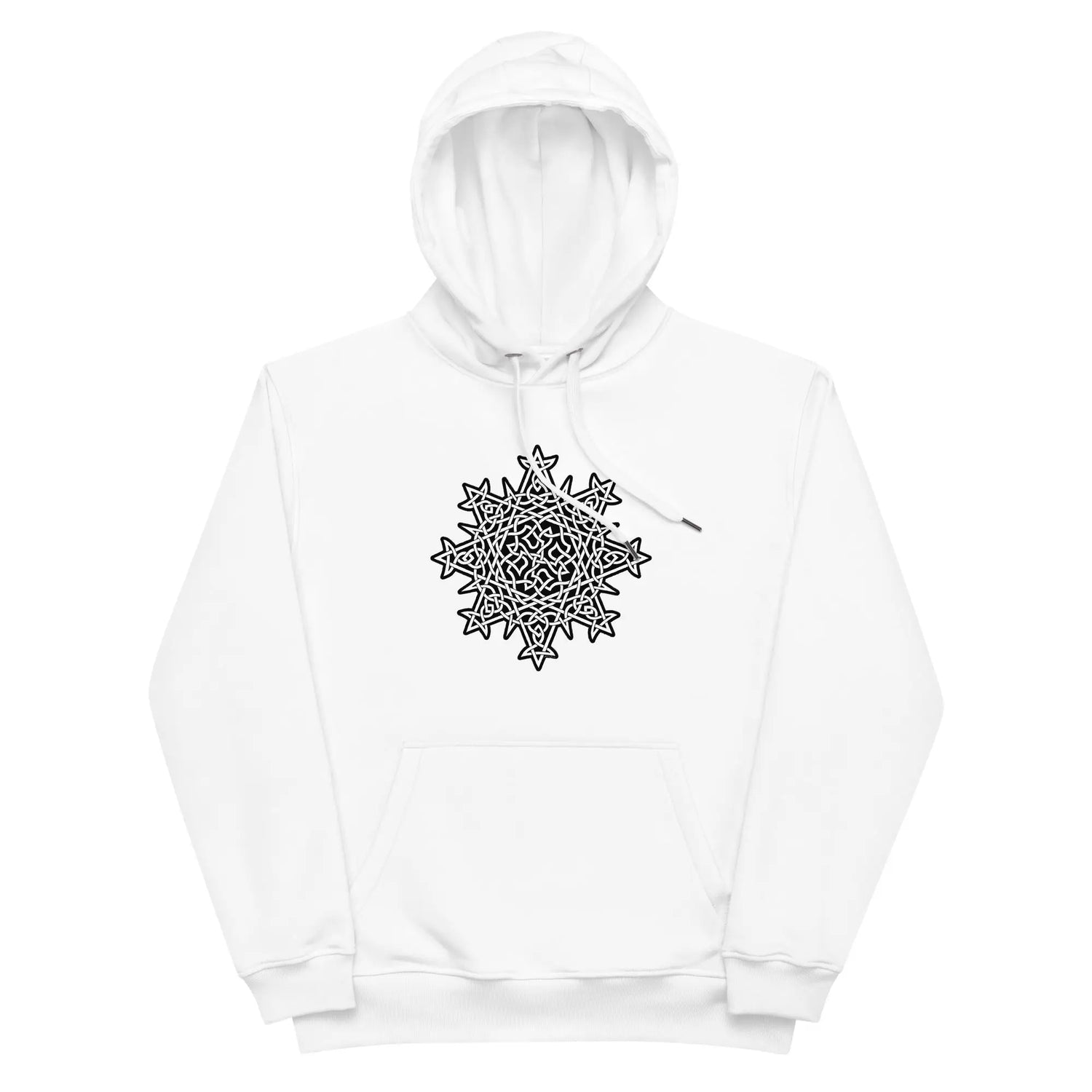 A white Xigfireon graphic eco hoodie featuring the Black & White Solid iteration of the Morning Star Fire Celtic knot design. The Morning Star Fire Celtic knot represents Father Sun.