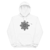 A white Xigfireon graphic eco hoodie featuring the Black & White Solid iteration of the Morning Star Fire Celtic knot design. The Morning Star Fire Celtic knot represents Father Sun.