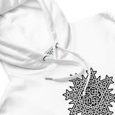 A close-up view of a white Xigfireon graphic eco hoodie featuring the Black & White Solid iteration of the Morning Star Fire Celtic knot design. The Morning Star Fire Celtic knot represents Father Sun.