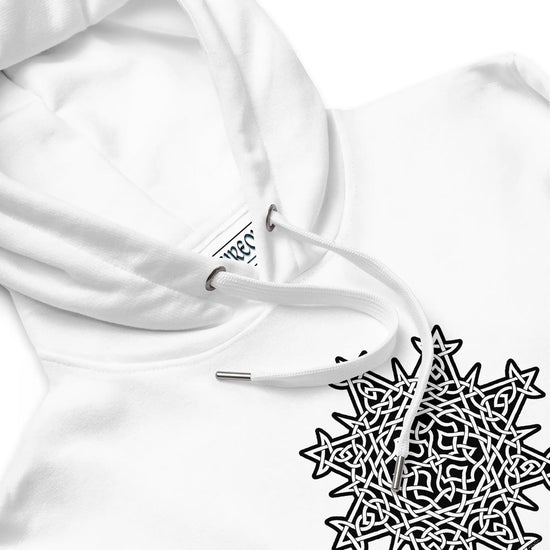 A close-up view of a white Xigfireon graphic eco hoodie featuring the Black & White Solid iteration of the Morning Star Fire Celtic knot design. The Morning Star Fire Celtic knot represents Father Sun.