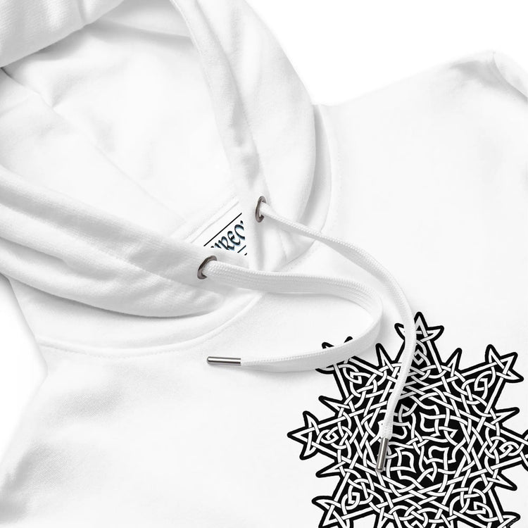 A close-up view of a white Xigfireon graphic eco hoodie featuring the Black & White Solid iteration of the Morning Star Fire Celtic knot design. The Morning Star Fire Celtic knot represents Father Sun.