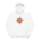 A white Xigfireon graphic eco-friendly hoodie featuring the Fire Colour iteration of the Morning Star Fire Celtic knot design. The Morning Star Fire Celtic knot symbolizes the Sun.