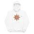 A white Xigfireon graphic eco-friendly hoodie featuring the Fire Colour iteration of the Morning Star Fire Celtic knot design. The Morning Star Fire Celtic knot symbolizes the Sun.