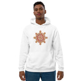 A young man wearing a white Xigfireon graphic eco-friendly hoodie featuring the Fire Colour iteration of the Morning Star Fire Celtic knot design. The Morning Star Fire Celtic knot symbolizes the Sun.