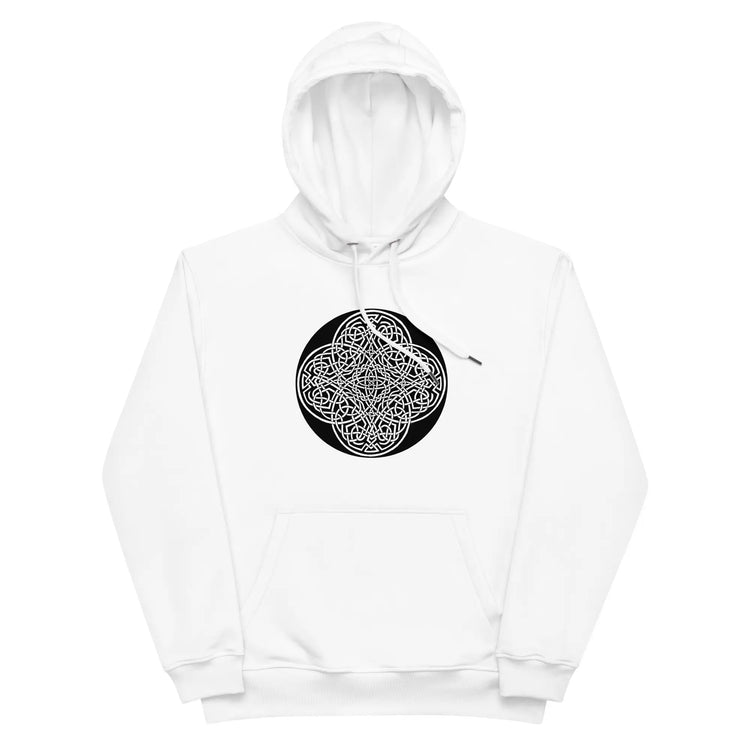 A white Xigfireon graphic eco hoodie featuring the Black & White Circle iteration of the Reach Of The Spirit Celtic knot design. The Reach Of The Spirit Celtic knot represents our glorious Mother Earth.