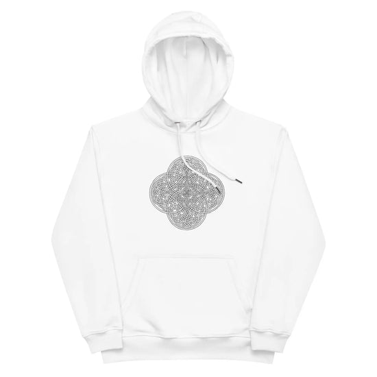 A white Xigfireon graphic eco hoodie featuring the Black & White Hollow iteration of the Reach Of The Spirit Celtic knot design. The Reach Of The Spirit Celtic knot is an Earth symbol.