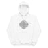A white Xigfireon graphic eco hoodie featuring the Black & White Hollow iteration of the Reach Of The Spirit Celtic knot design. The Reach Of The Spirit Celtic knot is an Earth symbol.