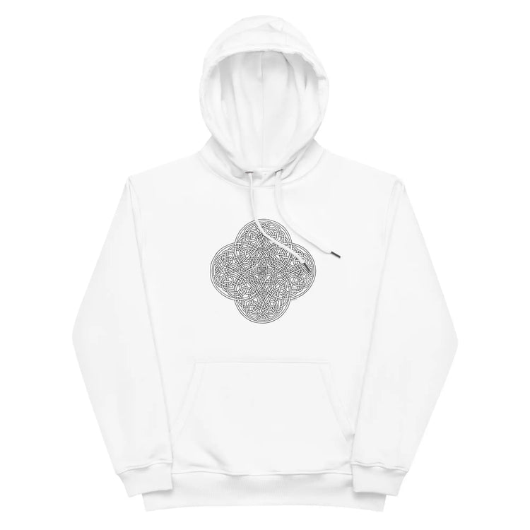 A white Xigfireon graphic eco hoodie featuring the Black & White Hollow iteration of the Reach Of The Spirit Celtic knot design. The Reach Of The Spirit Celtic knot is an Earth symbol.