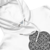 A close-up view of a white Xigfireon graphic eco hoodie featuring the Black & White Solid iteration of the Reach Of The Spirit Celtic knot design. The Reach Of The Spirit Celtic knot symbolizes our magnificent Mother Earth.