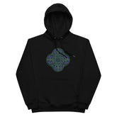 A black Xigfireon graphic eco-friendly hoodie featuring the Living Colour iteration of the Reach Of The Spirit Celtic knot design. The Reach Of The Spirit Celtic knot symbolizes the Earth.