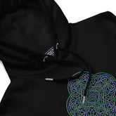 A close-up view of a black Xigfireon graphic eco-friendly hoodie featuring the Living Colour iteration of the Reach Of The Spirit Celtic knot design. The Reach Of The Spirit Celtic knot represents Earth.
