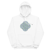 A white Xigfireon graphic eco-friendly hoodie featuring the Living Colour iteration of the Reach Of The Spirit Celtic knot design. The Reach Of The Spirit Celtic knot represents our magnificent Mother Earth.