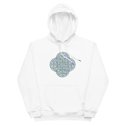 A white Xigfireon graphic eco-friendly hoodie featuring the Living Colour iteration of the Reach Of The Spirit Celtic knot design. The Reach Of The Spirit Celtic knot represents our magnificent Mother Earth.