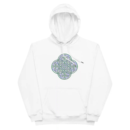 A white Xigfireon graphic eco-friendly hoodie featuring the Living Colour iteration of the Reach Of The Spirit Celtic knot design. The Reach Of The Spirit Celtic knot represents our magnificent Mother Earth.