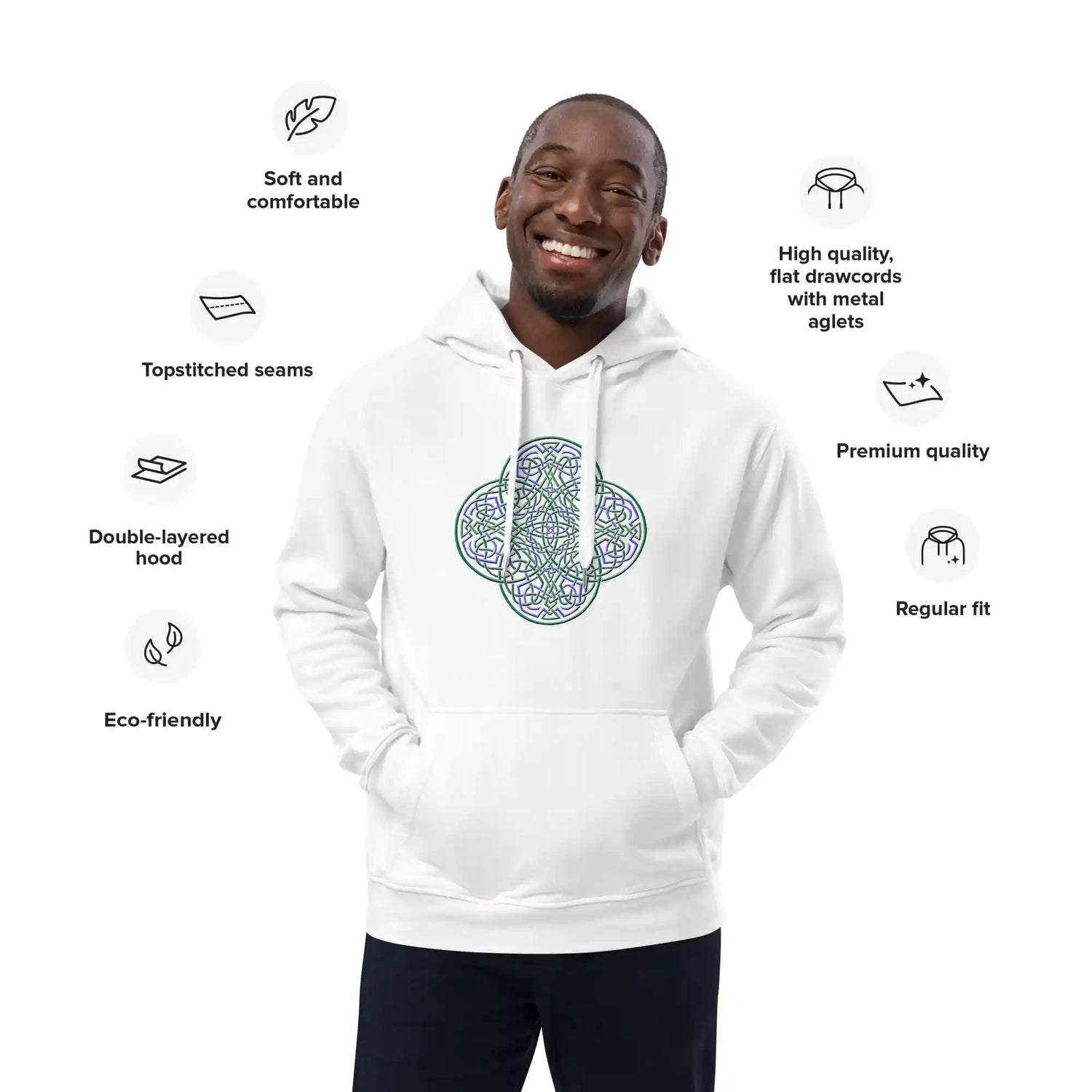 A list of product features surrounding a young man wearing a white Xigfireon graphic eco-friendly hoodie featuring the Living Colour iteration of the Reach Of The Spirit Celtic knot design. The Reach Of The Spirit Celtic knot symbolizes our magnificent Mother Earth. Features include soft and comfortable, topstitched seams, double-layered hood, eco-friendly, high quality flat drawcords with metal aglets, premium quality, and regular fit.