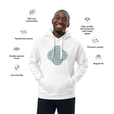 A list of product features surrounding a young man wearing a white Xigfireon graphic eco-friendly hoodie featuring the Living Colour iteration of the Reach Of The Spirit Celtic knot design. The Reach Of The Spirit Celtic knot symbolizes our magnificent Mother Earth. Features include soft and comfortable, topstitched seams, double-layered hood, eco-friendly, high quality flat drawcords with metal aglets, premium quality, and regular fit.