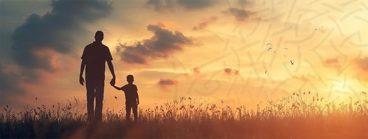 Two silhouettes of a father and son walking in a field at sunset, hand-in-hand. A faint impression of the `Morning Star Fire` Celtic knot can be seen in the sky.