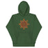 A forest green Xigfireon graphic hoodie featuring the Fire Colour iteration of the Morning Star Fire Celtic knot design. The Morning Star Fire Celtic knot represents the Sun.