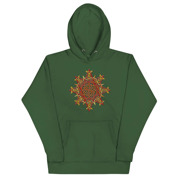 A forest green Xigfireon graphic hoodie featuring the Fire Colour iteration of the Morning Star Fire Celtic knot design. The Morning Star Fire Celtic knot represents the Sun.