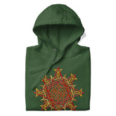 A folded forest green Xigfireon graphic hoodie featuring the Fire Colour iteration of the Morning Star Fire Celtic knot design. The Morning Star Fire Celtic knot represents the Sun.