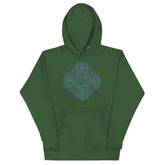 A forest green Xigfireon graphic hoodie featuring the Living Colour iteration of the Reach Of The Spirit Celtic knot design. The Reach Of The Spirit Celtic knot symbolizes our wonderful Mother Earth.
