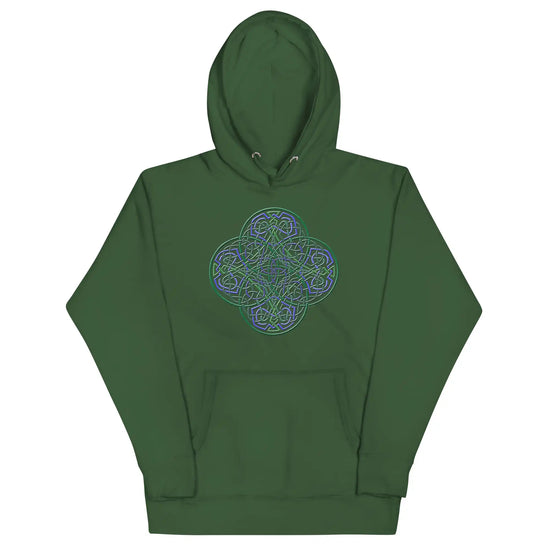 A forest green Xigfireon graphic hoodie featuring the Living Colour iteration of the Reach Of The Spirit Celtic knot design. The Reach Of The Spirit Celtic knot symbolizes our wonderful Mother Earth.